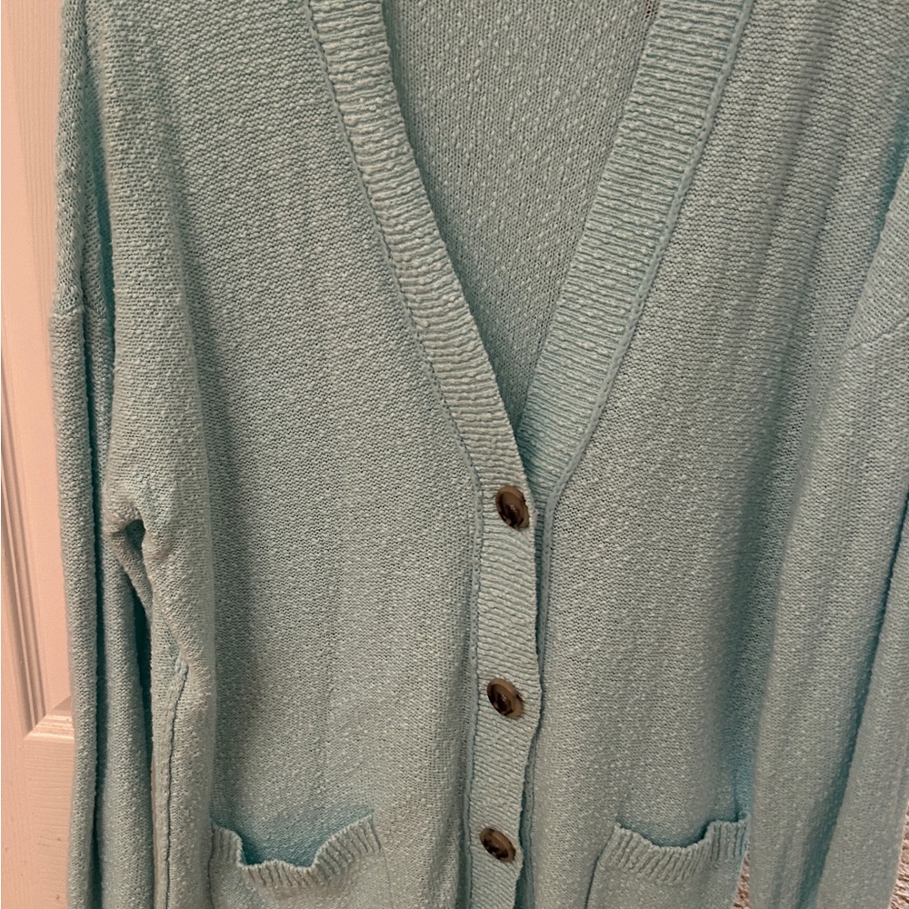 LOFT Soft Aqua Button-Up Cotton Cardigan
